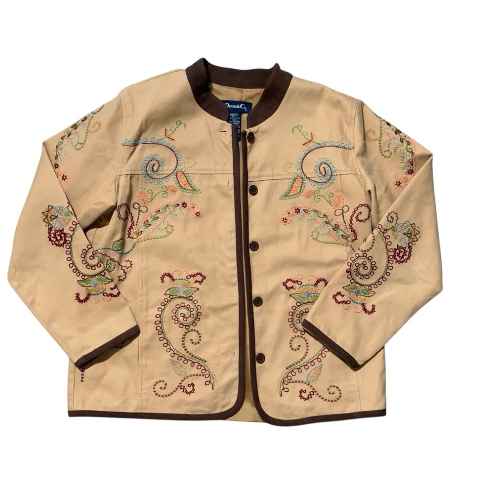 Denim & Co. Tan and brown paisley embroidered jacket with a boho/western style